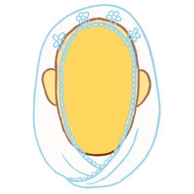a faceless person wearing a Catholic veil. the veil is white and very transparent with flower patterns and light blue lineart.